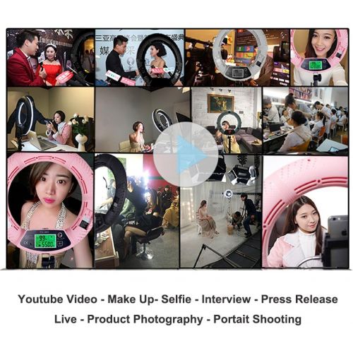  Yidoblo 96W 18 LED Ring Light Kit FE-480II Pink Video Studio Portrait Selfie Makeup YouTube Lighting Bicolor with Remote, PhoneCamera Holder, Mirror, Light Stand, Two Batteries&Ch