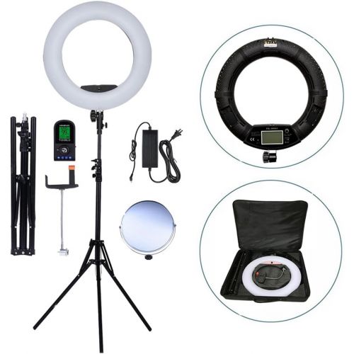  Yidoblo 18 LED Ring Light Kit Bi-color Dimmable Photo Studio Video Portrait Film Selfie Youtube Photography Lighting Set With PhoneCamera Holder, Makeup Mirror, Stand and Travel B