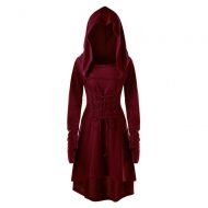 Yihaojia Women Dress Women Hooded Sweatshirt Dress Long Sleeve Bandage Medieval Vintage Lace Up High Low Cloak Robe