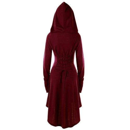  Yihaojia Women Dress Women Hooded Sweatshirt Dress Long Sleeve Bandage Medieval Vintage Lace Up High Low Cloak Robe