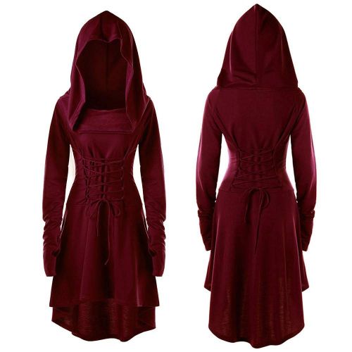  Yihaojia Women Dress Women Hooded Sweatshirt Dress Long Sleeve Bandage Medieval Vintage Lace Up High Low Cloak Robe