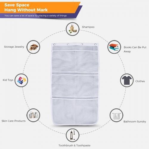  [아마존베스트]Yihoon Mesh Shower Caddy Curtains Organizer - Hanging Bathroom Shower Curtain Rod/Liner Hooks Accessories with 6 Pockets Save Space in Small Bathroom Tub 4 Rings