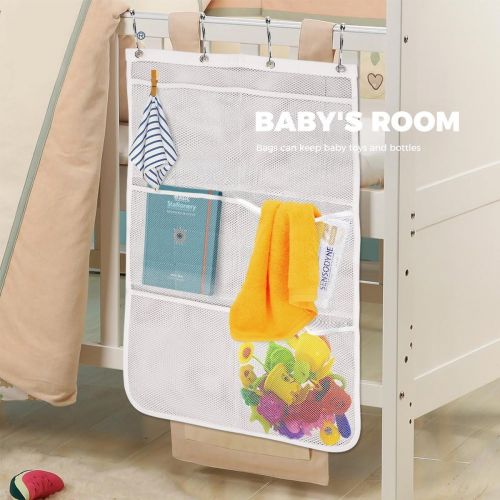  [아마존베스트]Yihoon Mesh Shower Caddy Curtains Organizer - Hanging Bathroom Shower Curtain Rod/Liner Hooks Accessories with 6 Pockets Save Space in Small Bathroom Tub 4 Rings