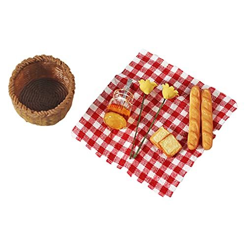  Yiju 1/12 Food Miniature Decor Dollhouse Miniature Food Bread Honey in Basket & Picnic Cloth Set for Dollhouse Decoration Toy Display Props Model - Red Plaid