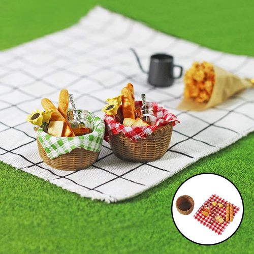  Yiju 1/12 Food Miniature Decor Dollhouse Miniature Food Bread Honey in Basket & Picnic Cloth Set for Dollhouse Decoration Toy Display Props Model - Red Plaid