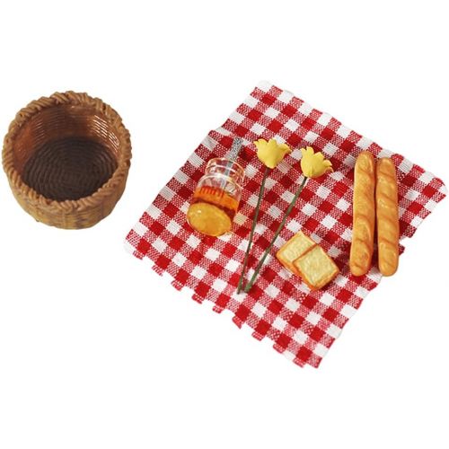  Yiju 1/12 Food Miniature Decor Dollhouse Miniature Food Bread Honey in Basket & Picnic Cloth Set for Dollhouse Decoration Toy Display Props Model - Red Plaid