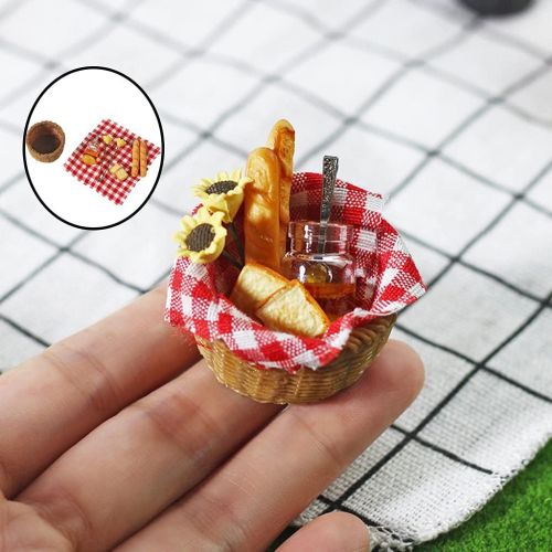  Yiju 1/12 Food Miniature Decor Dollhouse Miniature Food Bread Honey in Basket & Picnic Cloth Set for Dollhouse Decoration Toy Display Props Model - Red Plaid