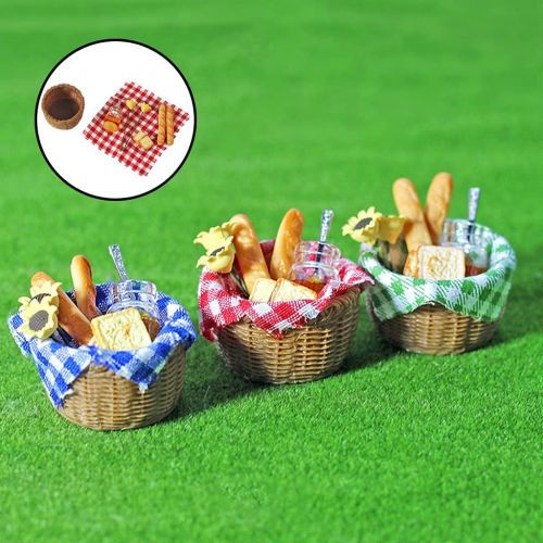  Yiju 1/12 Food Miniature Decor Dollhouse Miniature Food Bread Honey in Basket & Picnic Cloth Set for Dollhouse Decoration Toy Display Props Model - Red Plaid