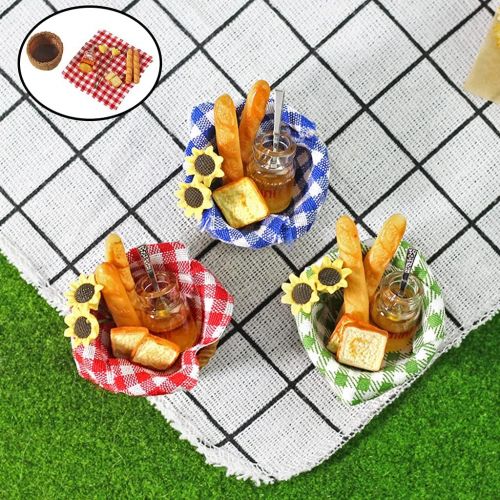  Yiju 1/12 Food Miniature Decor Dollhouse Miniature Food Bread Honey in Basket & Picnic Cloth Set for Dollhouse Decoration Toy Display Props Model - Red Plaid