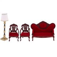 Yiju Wine Red Velvet Sofa Chair & Floor Lamp Set for 1/12 Dolls House Living Room
