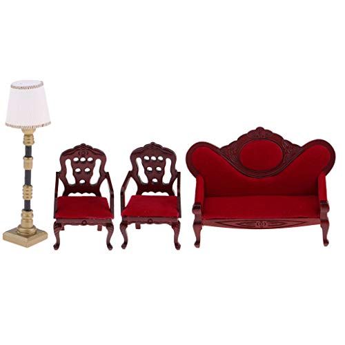  Yiju Wine Red Velvet Sofa Chair & Floor Lamp Set for 1/12 Dolls House Living Room