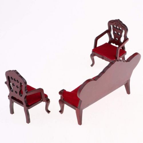  Yiju Wine Red Velvet Sofa Chair & Floor Lamp Set for 1/12 Dolls House Living Room