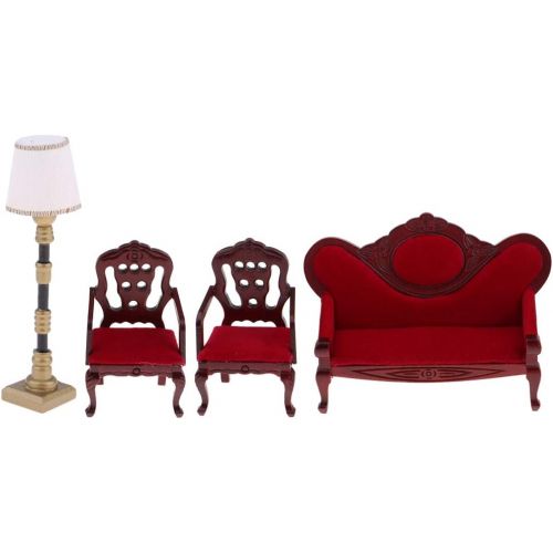  Yiju Wine Red Velvet Sofa Chair & Floor Lamp Set for 1/12 Dolls House Living Room