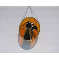 YingsGlassStudio Stained glass suncatcher Halloween Cat hanging from silver steel chain