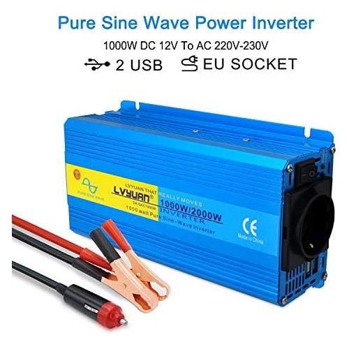  [아마존베스트]-Service-Informationen Yinleader Power Inverter 1000 W / 2000 W 12 V 230 V Pure Sine Wave Voltage Converter with 1 Socket 2 USB Ports
