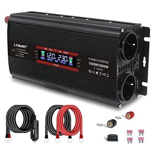  [아마존베스트]-Service-Informationen Voltage Converter 12 V 230 V 1500 W 3000 W LCD Power Converter with 2 Sockets Dual USB