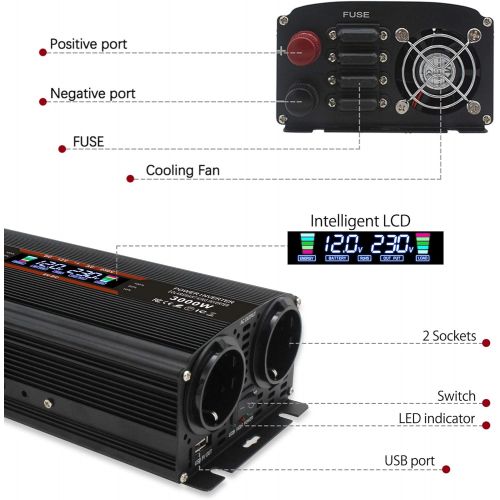  [아마존베스트]-Service-Informationen Voltage Converter 12 V 230 V 1500 W 3000 W LCD Power Converter with 2 Sockets Dual USB