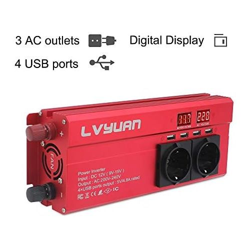  [아마존베스트]-Service-Informationen Voltage Converter 12 V 230 V 1000 W Inverter with 3 Sockets and 4 USB LED Voltage Display