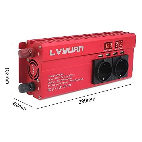  [아마존베스트]-Service-Informationen Voltage Converter 12 V 230 V 1000 W Inverter with 3 Sockets and 4 USB LED Voltage Display