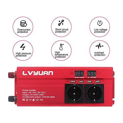  [아마존베스트]-Service-Informationen Voltage Converter 12 V 230 V 1000 W Inverter with 3 Sockets and 4 USB LED Voltage Display