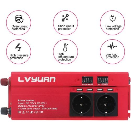  [아마존베스트]-Service-Informationen Voltage Converter 12 V 230 V 1000 W Inverter with 3 Sockets and 4 USB LED Voltage Display