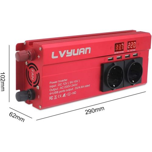  [아마존베스트]-Service-Informationen Voltage Converter 12 V 230 V 1000 W Inverter with 3 Sockets and 4 USB LED Voltage Display