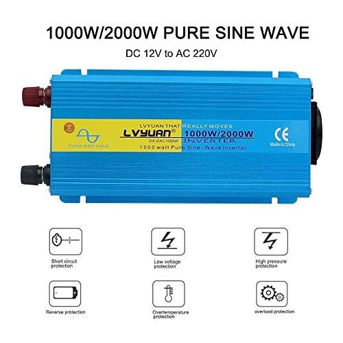  [아마존베스트]-Service-Informationen Yinleader Power Inverter 1000 W / 2000 W 12 V 230 V Pure Sine Wave Voltage Converter Power Inverter with 1 Socket 2 USB Ports