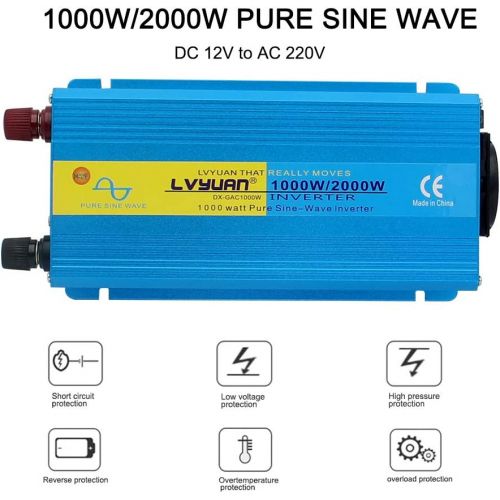  [아마존베스트]-Service-Informationen Yinleader Power Inverter 1000 W / 2000 W 12 V 230 V Pure Sine Wave Voltage Converter Power Inverter with 1 Socket 2 USB Ports