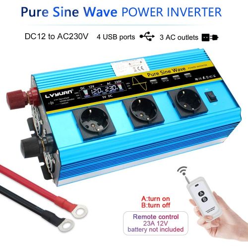  [아마존베스트]-Service-Informationen Power Inverter 3000 W / 6000 W Pure Sine Wave 12 V 230 V with 3 European Sockets and 4 USB Ports LCD Voltage Display