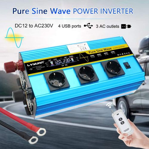  [아마존베스트]-Service-Informationen Power Inverter 3000 W / 6000 W Pure Sine Wave 12 V 230 V with 3 European Sockets and 4 USB Ports LCD Voltage Display