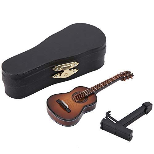 Yinuoday Wooden Miniature Guitar Model, Mini Guitar Instruments Ornament with Stand and Case for Miniature Dollhouse Model Home Office Desktop Display Cabinet Decoration