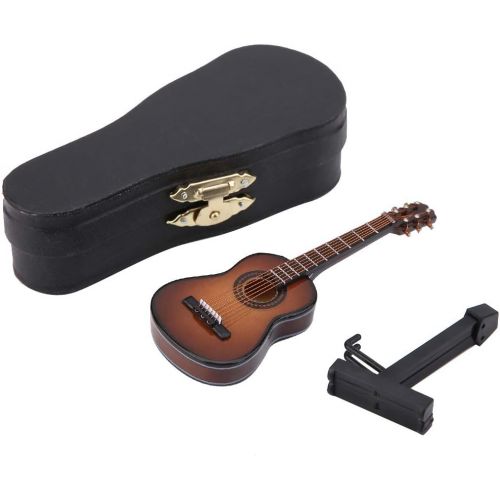  Yinuoday Wooden Miniature Guitar Model, Mini Guitar Instruments Ornament with Stand and Case for Miniature Dollhouse Model Home Office Desktop Display Cabinet Decoration