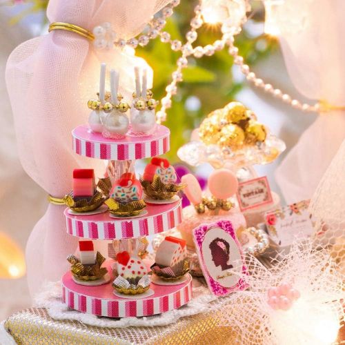  Yinuoday Dollhouse Miniature Kit with Furniture, DIY Wooden Fairy Garden Kit with LED DIY Mini Doll House Plus Dust Proof and Music Movement DIY House Kit for Kids and Teens