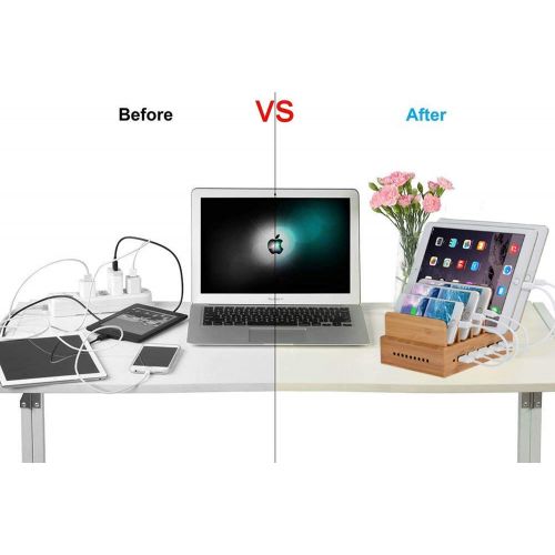  [아마존베스트]Yisen Handy Wooden USB Charging Station for Smartphones with 5 Ports for iPhone, iPad, Universal Phones, Tablets and Other USB Devices (with Power Cord)