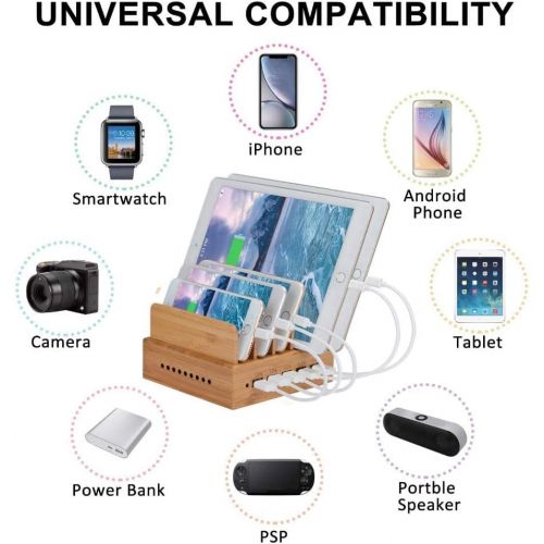  [아마존베스트]Yisen Handy Wooden USB Charging Station for Smartphones with 5 Ports for iPhone, iPad, Universal Phones, Tablets and Other USB Devices (with Power Cord)