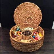 Yizhichu1990 Autumn Rattan Hand-Woven Fruit Dried Plate Storage Basket,Divided Candy Snack Separated Tray Storage box,Desktop Dresser Valet Organizer (Small(27(Diameter) X10(H) cm))