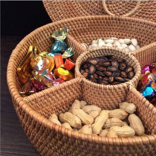  Yizhichu1990 Autumn Rattan Hand-Woven Fruit Dried Plate Storage Basket,Divided Candy Snack Separated Tray Storage box,Desktop Dresser Valet Organizer (Small(27(Diameter) X10(H) cm))