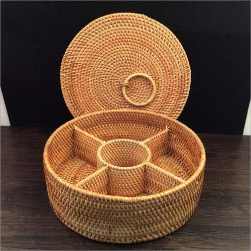  Yizhichu1990 Autumn Rattan Hand-Woven Fruit Dried Plate Storage Basket,Divided Candy Snack Separated Tray Storage box,Desktop Dresser Valet Organizer (Small(27(Diameter) X10(H) cm))