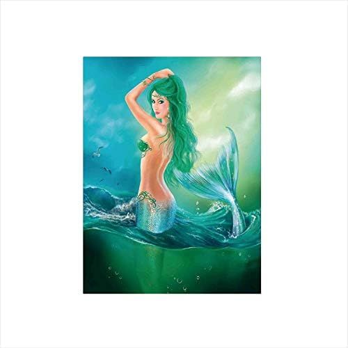  Ylljy00 Decorative Privacy Window Film/Mermaid in Ocean on Waves Tail Sea Creatures Dramatic Sky Dark Clouds/No-Glue Self Static Cling for Home Bedroom Bathroom Kitchen Office Deco