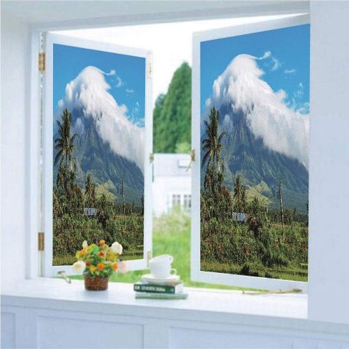  Ylljy00 Decorative Privacy Window Film/Mayon Volcano Mountain Peak Surrounded with Clouds Greenery Asian Landmark Decorative/No-Glue Self Static Cling for Home Bedroom Bathroom Kitchen Off