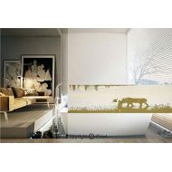 Ylljy00 Decorative Privacy Window Film/Silhouette of Elk Drinking Water in Lake River Forest Wildlife Scenery Illustration/No-Glue Self Static Cling for Home Bedroom Bathroom Kitchen Offic