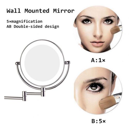  Ylmhe LED Lighted Wall Mount Mirror,Dual-Sided 8 Inch Magnification,360° Rotating Retractable Bathroom Mirrors,5X