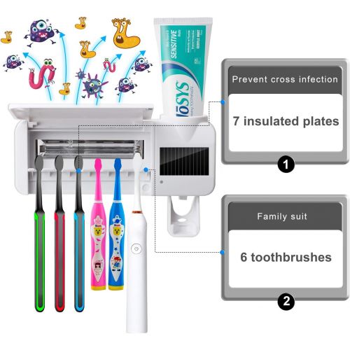  Ymadpke Toothbrush Holder, Toothpaste Dispenser + 6 Toothbrush Holder Wall Mounted for Women Kids Baby Bathroom (with Solar Charging Function)