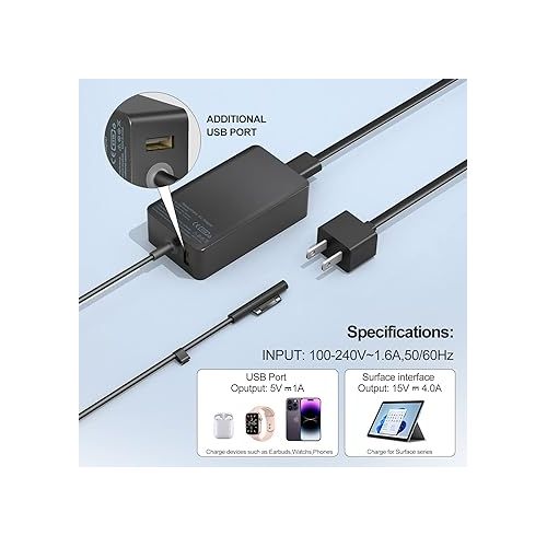  65W Surface Pro Laptop Charger for Microsoft Surface Pro 9, 8, 7+, 7, 6, 5, 4, 3, X, Surface Laptop 5 Studio i5 Go 3 2, Surface Go 4 3 2 1, Surface Book and Travel Case