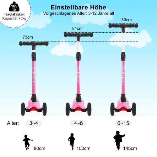  [아마존 핫딜]  [아마존핫딜]Yoleo Kinderroller Dreiradscooter Kinderscooter mit LED 2 Hinterrader Stabil Stossdampfung, klappbar hoeheverstellbar Schwerkraftlenkung fuer Kinder Jungen Madchen ab 3 4 5 6 Jahre, b