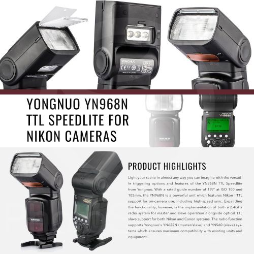  YONGNUO Yongnuo YN968N TTL Speedlite for Nikon Cameras with Flash Bracket & Diffuser, Rechargeable Battery Kit, and Platinum Photo Bundle