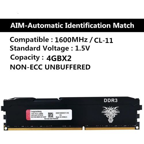  Yongxinsheng DDR3 4GBx2 (8GB Kit) 1600MHz PC3-12800 Desktop Memory CL11 240Pin 1.5V Non-ECC Unbuffered Compatible with All Motherboards UDIMM Ddr3 RAM （Black）