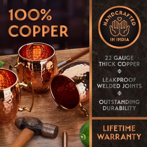  [아마존베스트][Gift Set] Moscow Mule Mugs Set Of 4 16 oz Pure Solid Genuine , HANDCRAFTED , Copper Cups , BONUS , Straws, Wood Coasters , Stirring Spoon, Cleaning brush , and Jigger , by Yooreka