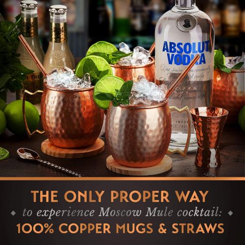  [아마존베스트][Gift Set] Moscow Mule Mugs Set Of 4 16 oz Pure Solid Genuine , HANDCRAFTED , Copper Cups , BONUS , Straws, Wood Coasters , Stirring Spoon, Cleaning brush , and Jigger , by Yooreka