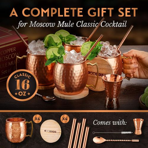  [아마존베스트][Gift Set] Moscow Mule Mugs Set Of 4 16 oz Pure Solid Genuine , HANDCRAFTED , Copper Cups , BONUS , Straws, Wood Coasters , Stirring Spoon, Cleaning brush , and Jigger , by Yooreka